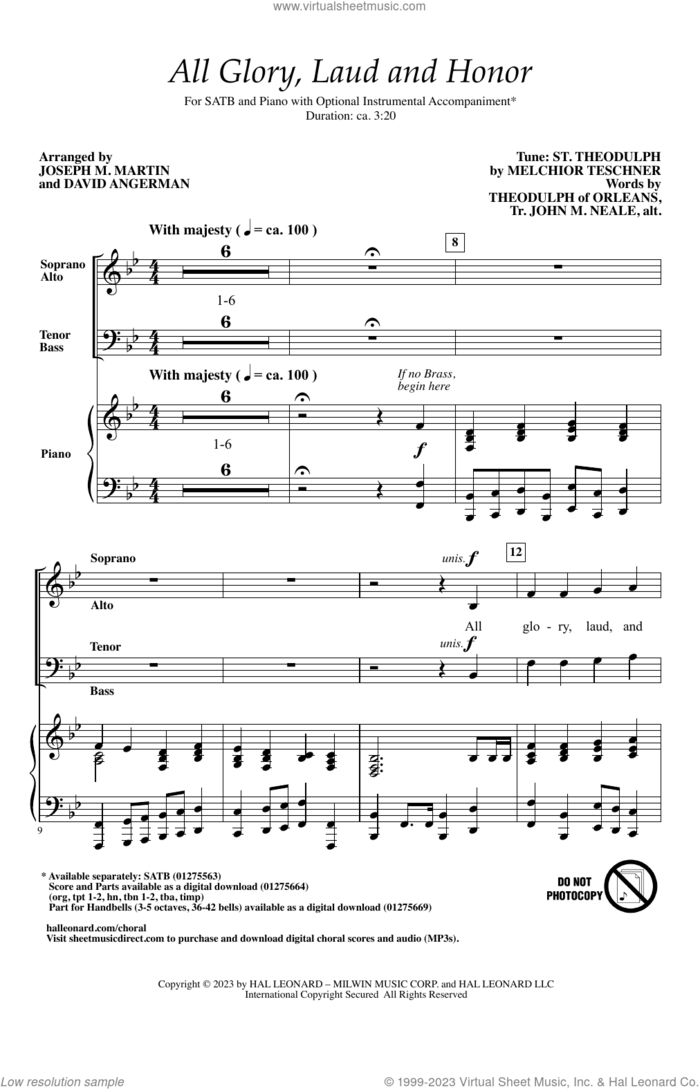 All Glory, Laud and Honor (arr. Joseph M. Martin and David Angerman) sheet music for choir (SATB: soprano, alto, tenor, bass) by Melchior Teschner, David Angerman, Joseph M. Martin, John Mason Neale and Theodulph of Orleans, intermediate skill level