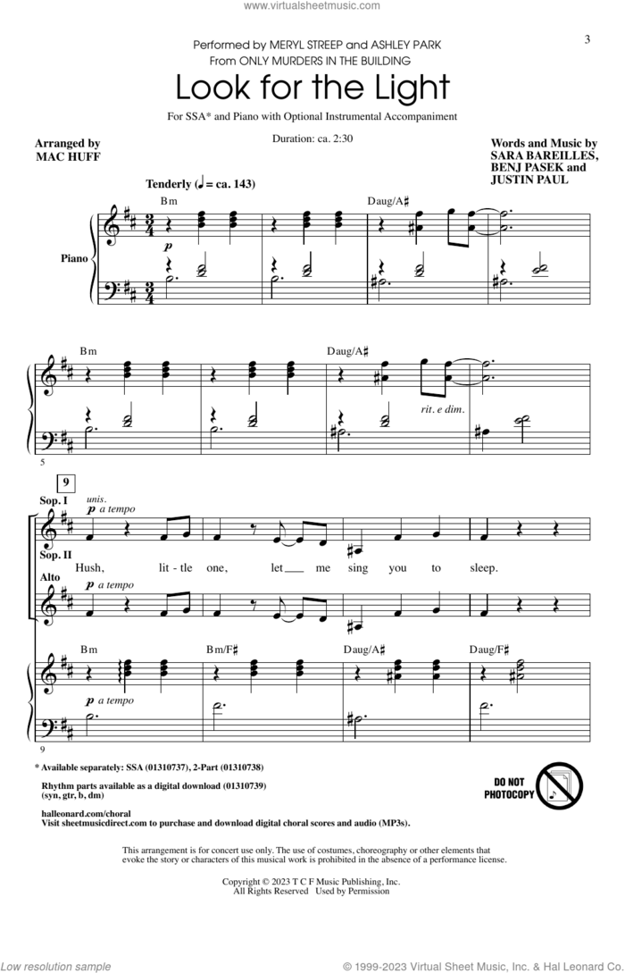 Look For The Light (from Only Murders In The Building) (arr. Mac Huff) sheet music for choir (SSA: soprano, alto) by Meryl Streep and Ashley Park, Mac Huff, Ashley Park, Meryl Streep, Benj Pasek, Justin Paul and Sara Bareilles, intermediate skill level