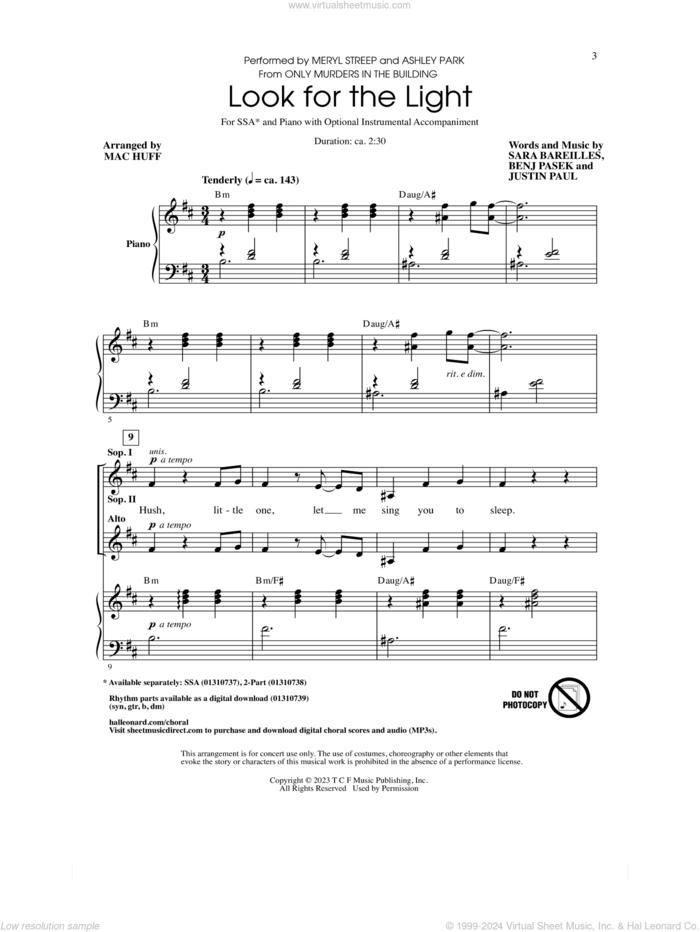 Look For The Light (from Only Murders In The Building) (arr. Mac Huff) sheet music for choir (SSA: soprano, alto) by Meryl Streep and Ashley Park, Mac Huff, Ashley Park, Meryl Streep, Benj Pasek, Justin Paul and Sara Bareilles, intermediate skill level