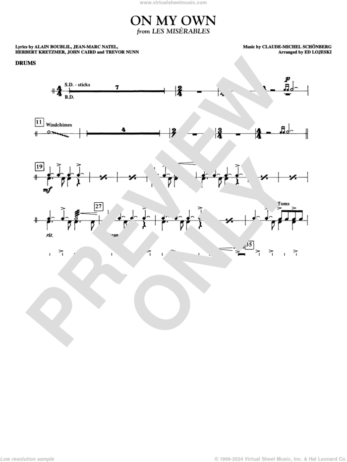 On My Own (from Les Miserables) (arr. Ed Lojeski) sheet music for orchestra/band (drums) by Boublil and Schonberg, Alain Boublil, Claude-Michel Schonberg, Herbert Kretzmer, Jean-Marc Natel, John Caird, Trevor Nunn and Ed Lojeski, intermediate skill level