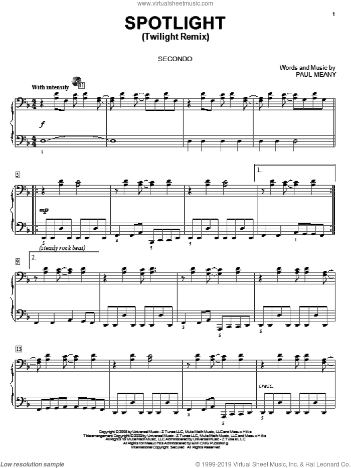 Spotlight (Twilight Remix) sheet music for piano four hands by Mute Math, Twilight (Movie) and Paul Meany, intermediate skill level