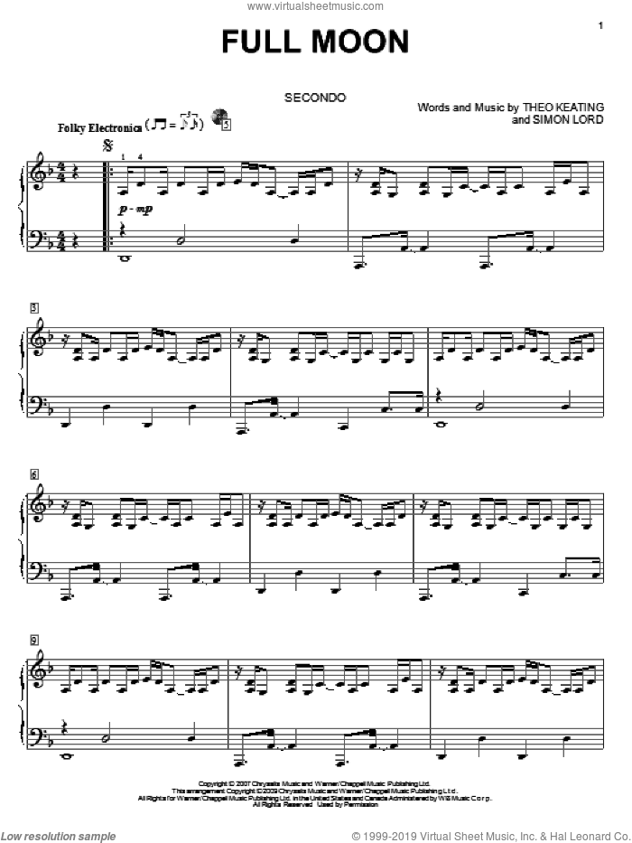 Full Moon sheet music for piano four hands by The Black Ghosts, Twilight (Movie), Simon Lord and Theo Keating, intermediate skill level