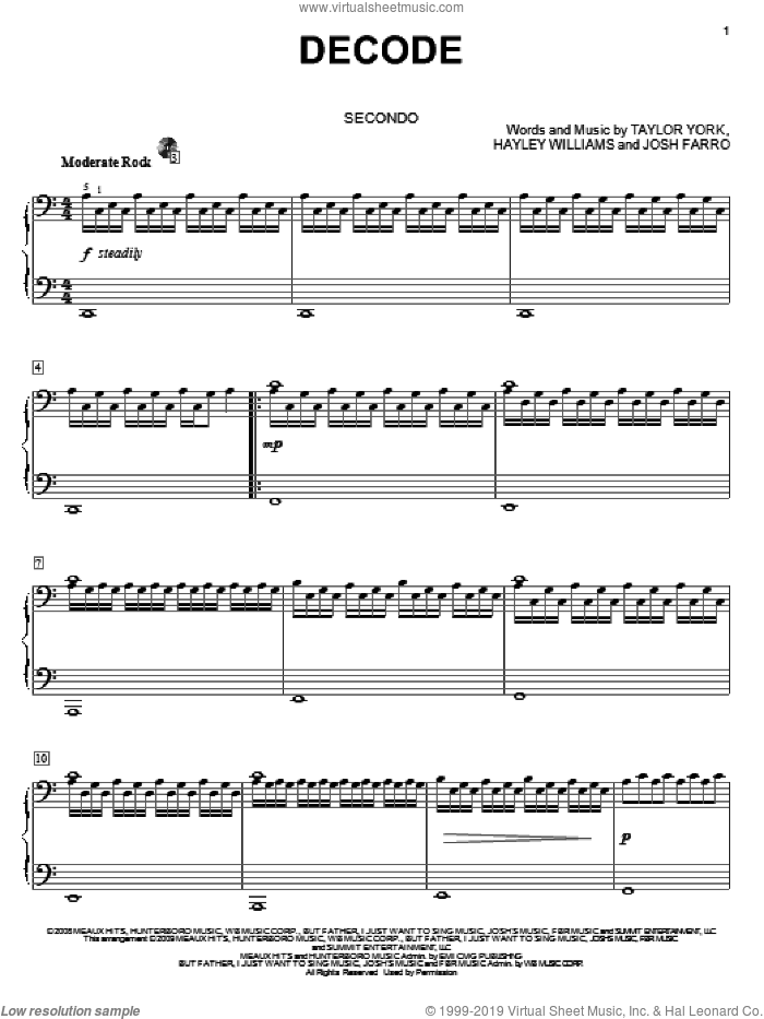 Decode sheet music for piano four hands by Paramore, Twilight (Movie), Hayley Williams, Josh Farro and Taylor York, intermediate skill level
