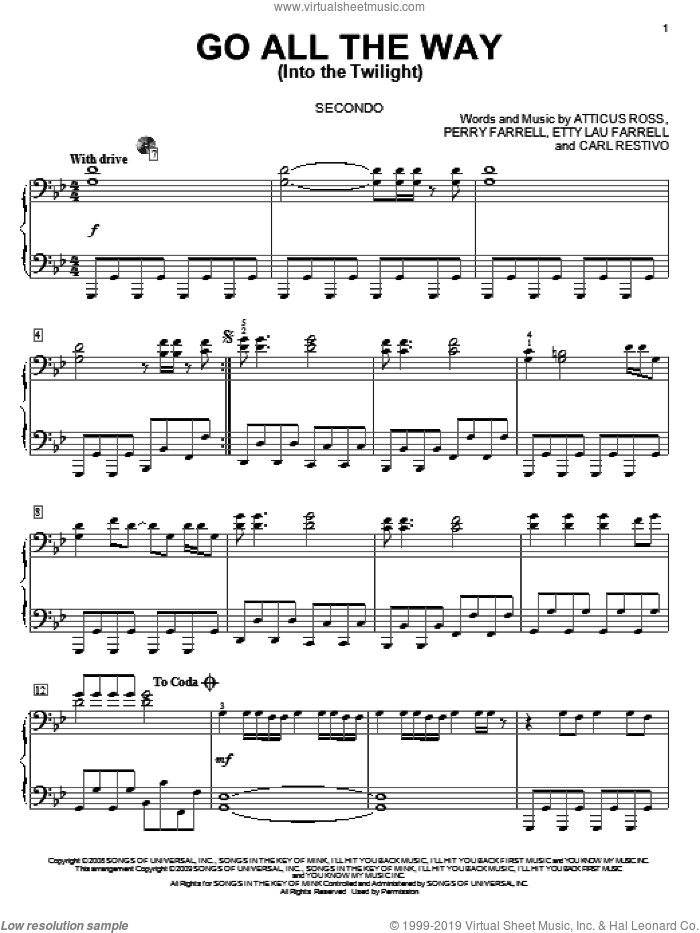 Go All The Way (Into The Twilight) sheet music for piano four hands by Perry Farrell, Twilight (Movie), Atticus Ross, Carl Restivo and Etty Lau Farrell, intermediate skill level