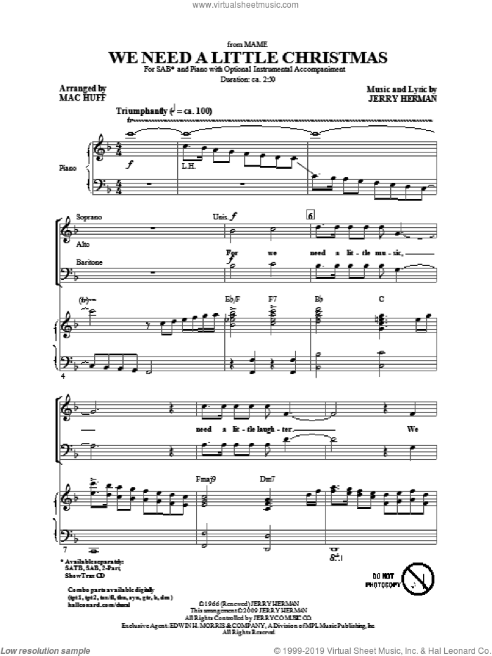 We Need A Little Christmas (from Mame) (arr. Mac Huff) sheet music for choir (SAB: soprano, alto, bass) by Jerry Herman and Mac Huff, intermediate skill level