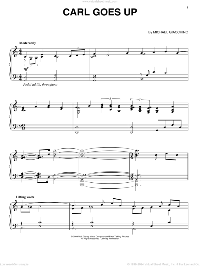 Carl Goes Up, (intermediate) sheet music for piano solo by Michael Giacchino and Up (Movie), intermediate skill level