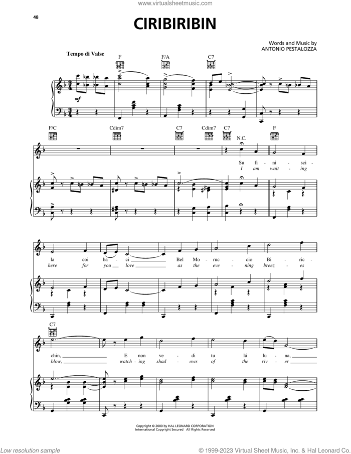 Ciribiribin sheet music for voice, piano or guitar by Antonio Pestalozza, classical score, intermediate skill level