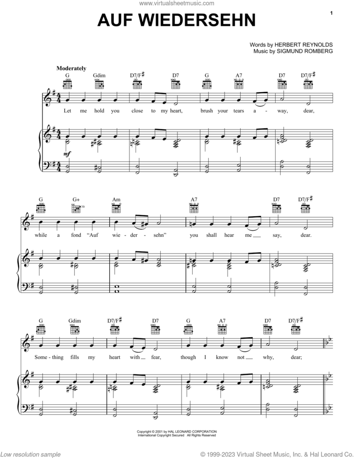 Auf Wiedersehn sheet music for voice, piano or guitar by Sigmund Romberg and Herbert Reynolds, classical score, intermediate skill level