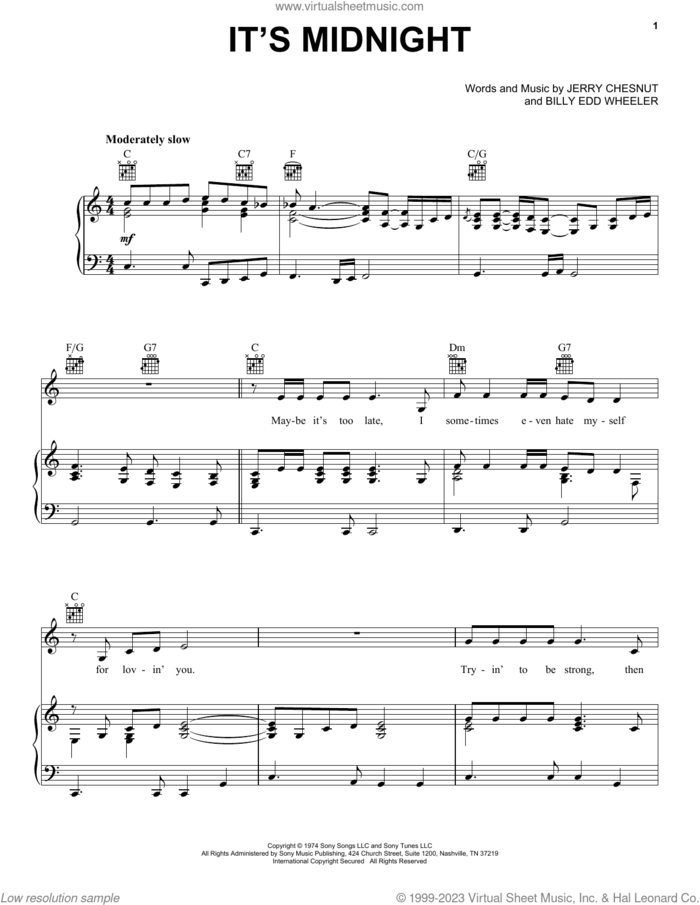 It's Midnight sheet music for voice, piano or guitar by Elvis Presley, Billy Edd Wheeler and Jerry Chesnut, intermediate skill level