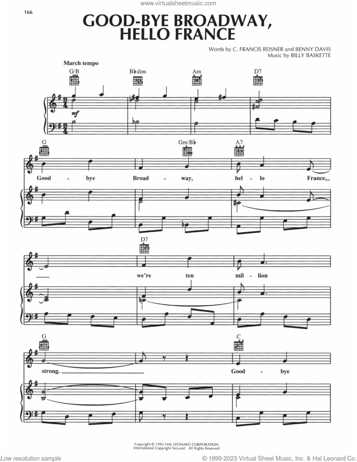 Good-Bye Broadway, Hello France sheet music for voice, piano or guitar by Benny Davis, Billy Baskette and C. Francis Reisner, intermediate skill level