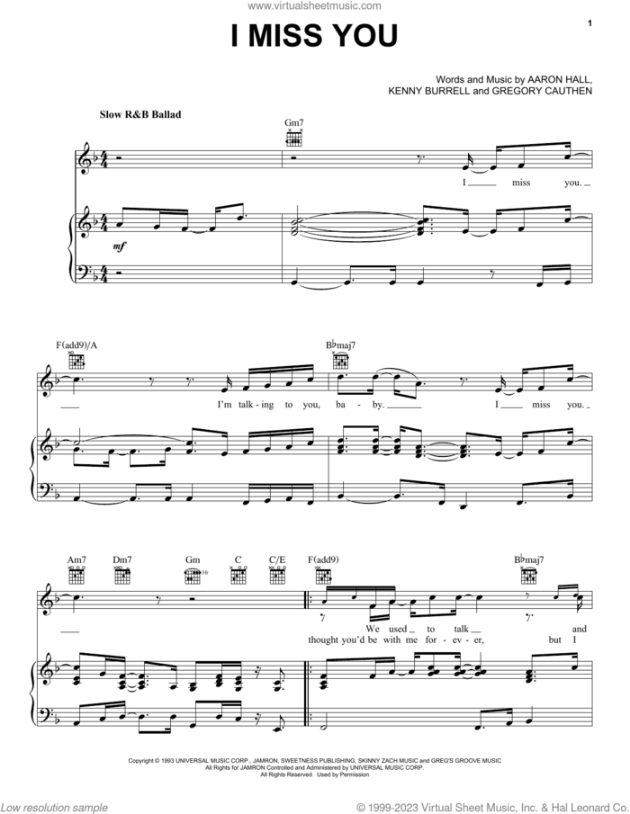 I Miss You sheet music for voice, piano or guitar by Aaron Hall, Gregory Cauthen and Kenny Burrell, intermediate skill level