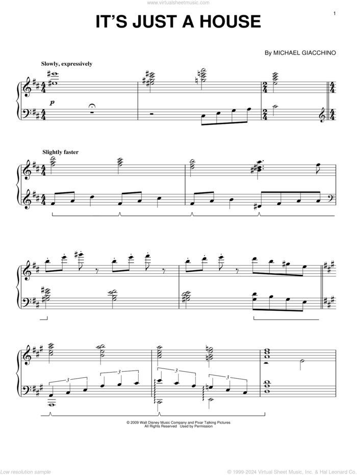 It's Just A House sheet music for piano solo by Michael Giacchino and Up (Movie), intermediate skill level