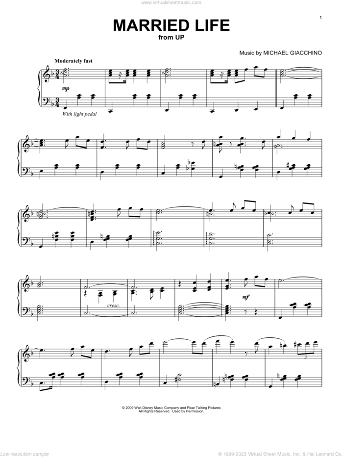 Married Life (from Up) sheet music for piano solo by Michael Giacchino and Up (Movie), intermediate skill level