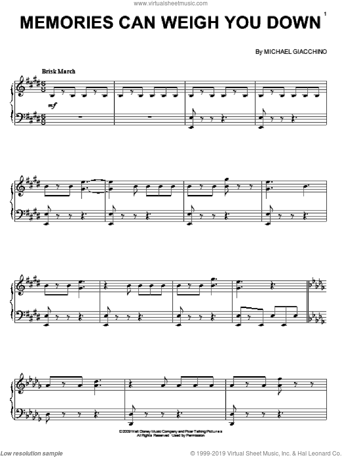 Memories Can Weigh You Down sheet music for piano solo by Michael Giacchino and Up (Movie), intermediate skill level