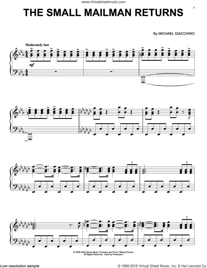 The Small Mailman Returns sheet music for piano solo by Michael Giacchino and Up (Movie), intermediate skill level