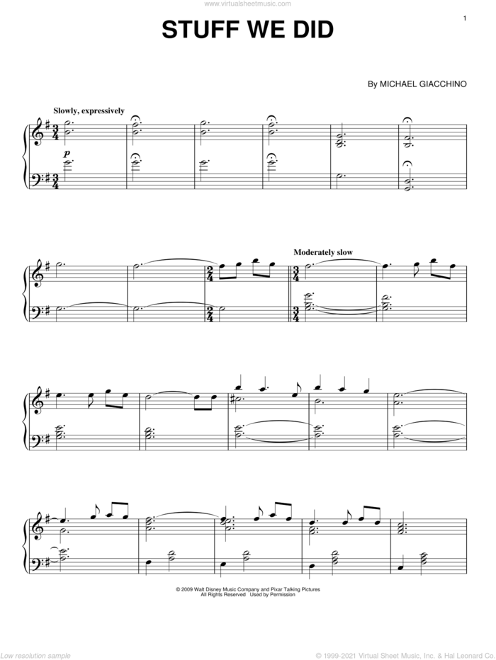 Stuff We Did (from Up) sheet music for piano solo by Michael Giacchino and Up (Movie), intermediate skill level