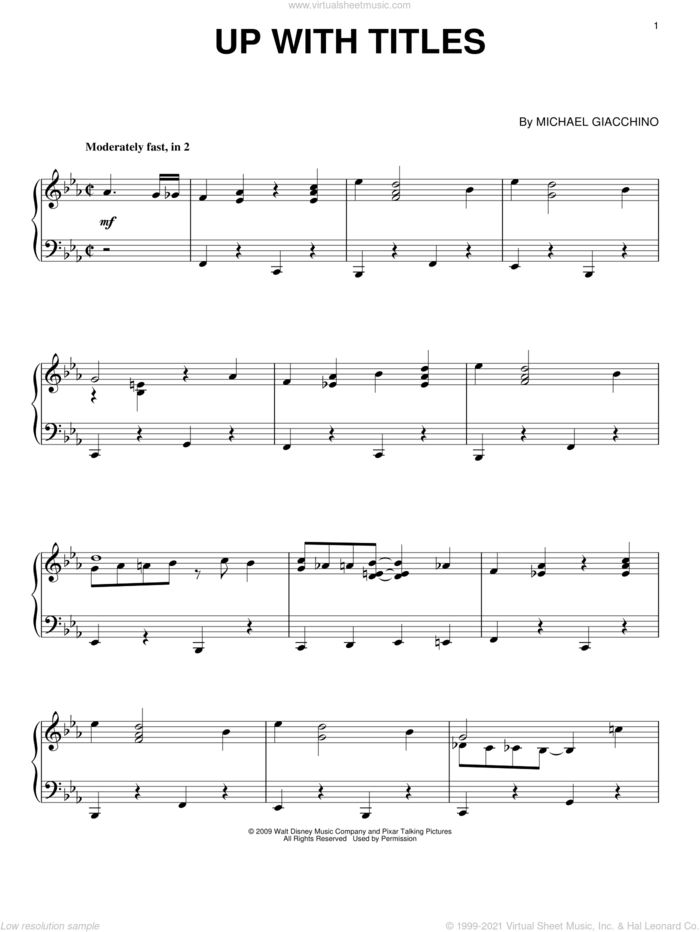 Up With Titles, (intermediate) sheet music for piano solo by Michael Giacchino and Up (Movie), intermediate skill level