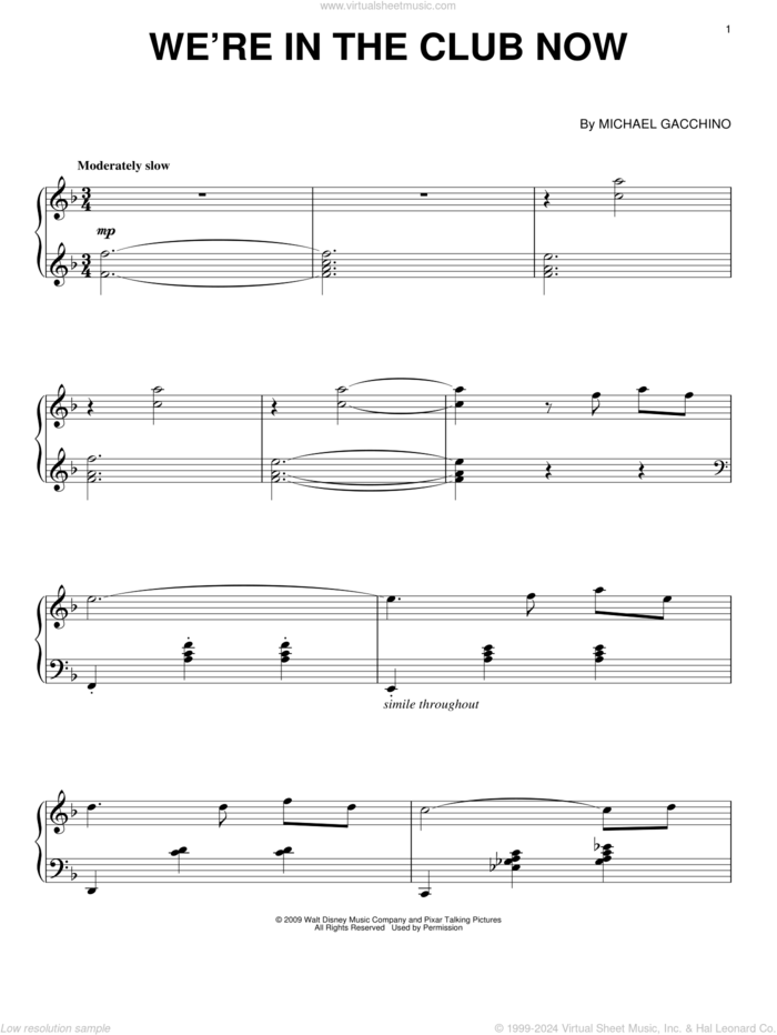 We're In The Club Now sheet music for piano solo by Michael Giacchino and Up (Movie), intermediate skill level