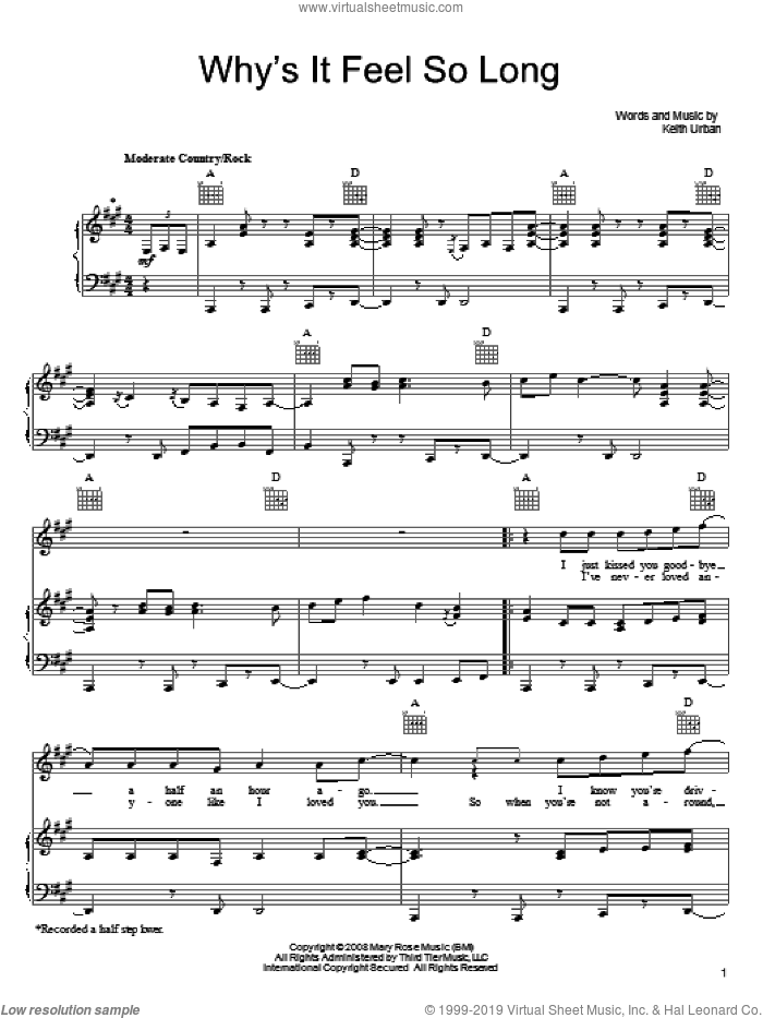 Why's It Feel So Long sheet music for voice, piano or guitar by Keith Urban, intermediate skill level