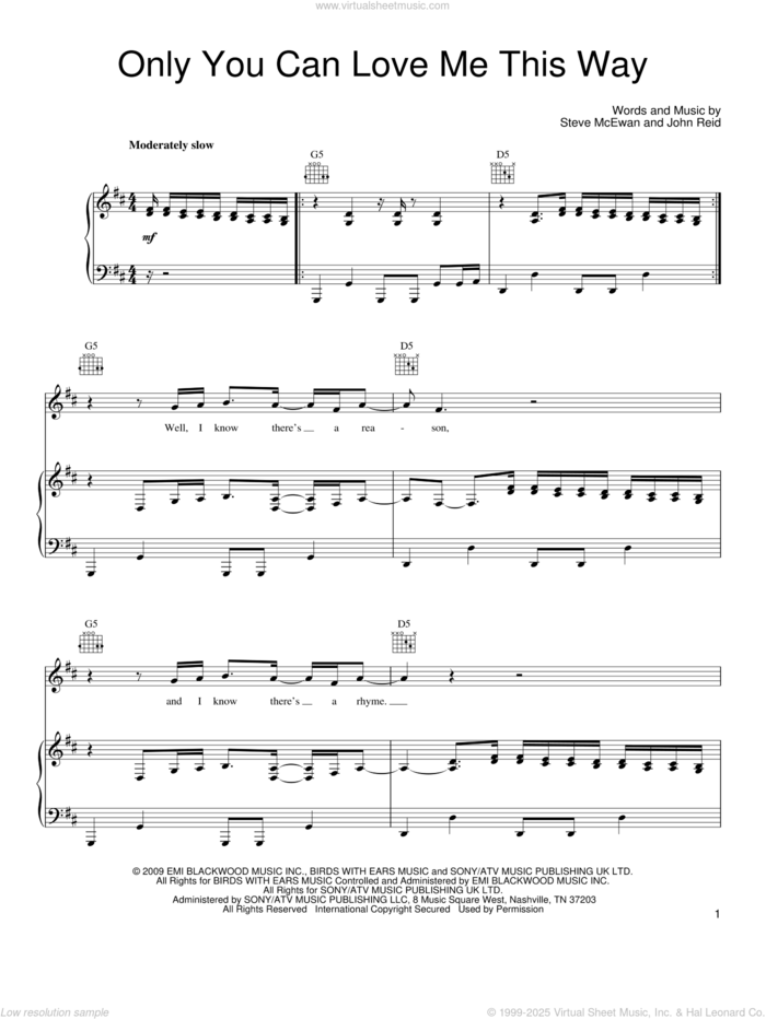 Only You Can Love Me This Way sheet music for voice, piano or guitar by Keith Urban, John Reid and Steve McEwan, intermediate skill level