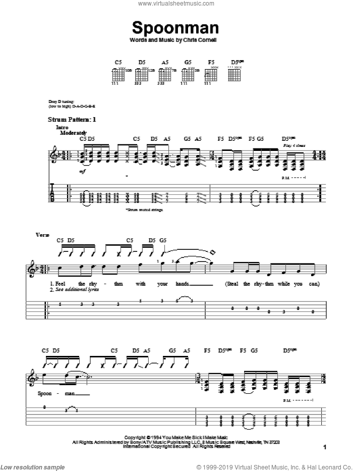 Spoonman sheet music for guitar solo (easy tablature) by Soundgarden and Chris Cornell, easy guitar (easy tablature)