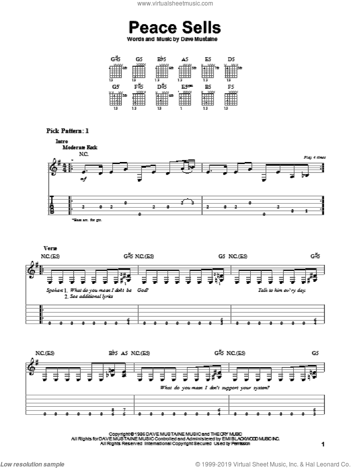 Peace Sells sheet music for guitar solo (easy tablature) by Megadeth and Dave Mustaine, easy guitar (easy tablature)