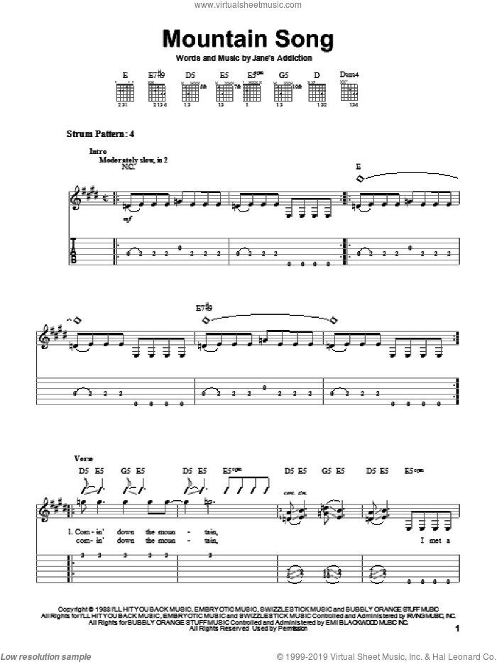 Mountain Song sheet music for guitar solo (easy tablature) by Jane's Addiction, easy guitar (easy tablature)
