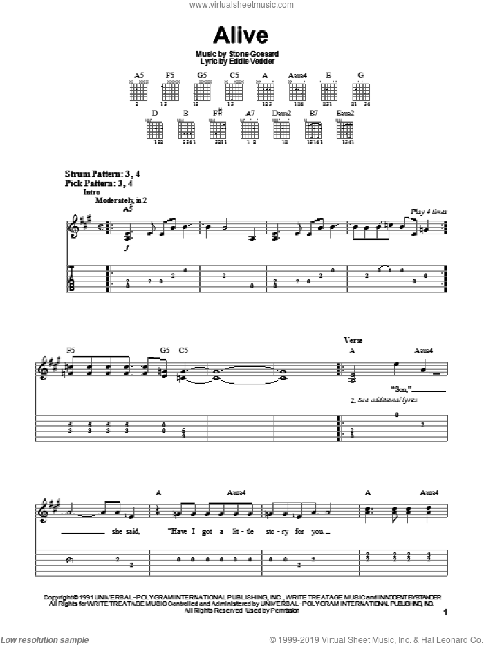 Alive sheet music for guitar solo (easy tablature) by Pearl Jam, Eddie Vedder and Stone Gossard, easy guitar (easy tablature)