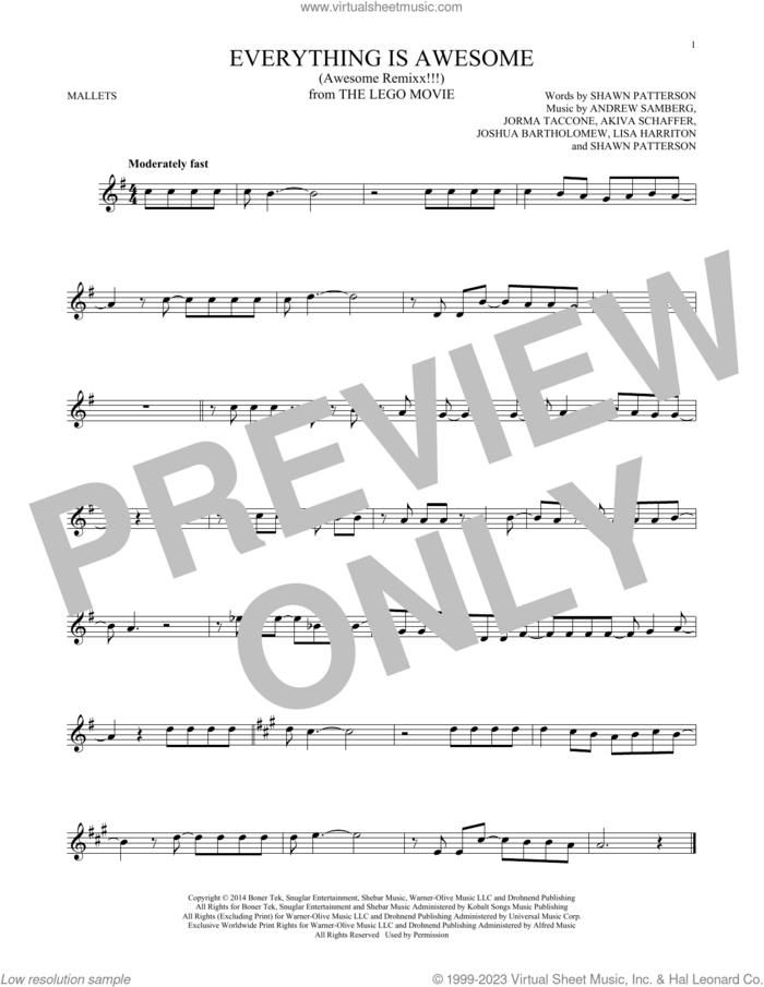 Everything Is Awesome (from The Lego Movie) (feat. The Lonely Island) sheet music for mallet solo (Percussion) by Tegan and Sara, Akiva Schaffer, Andrew Samberg, Jorma Taccone, Joshua Bartholomew, Lisa Harriton and Shawn Patterson, intermediate mallet (Percussion)