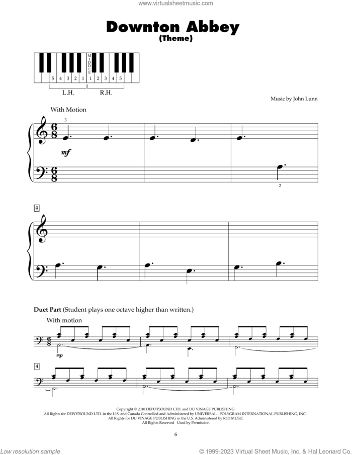 Downton Abbey (Theme) sheet music for piano solo (5-fingers) by John Lunn, beginner piano (5-fingers)