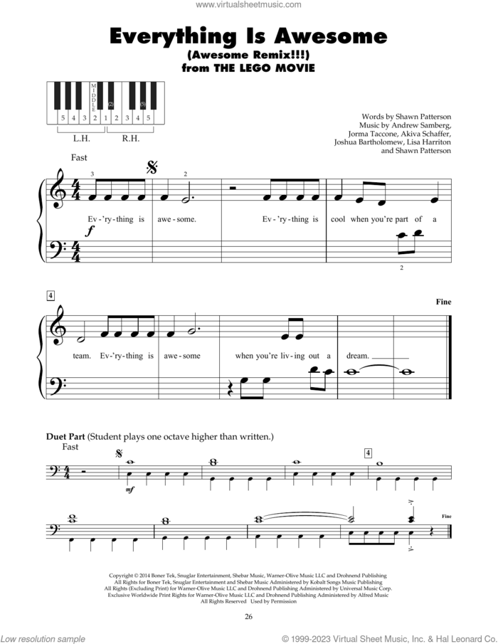 Everything Is Awesome (from The Lego Movie) (feat. The Lonely Island) sheet music for piano solo (5-fingers) by Tegan and Sara, Akiva Schaffer, Andrew Samberg, Jorma Taccone, Joshua Bartholomew, Lisa Harriton and Shawn Patterson, beginner piano (5-fingers)