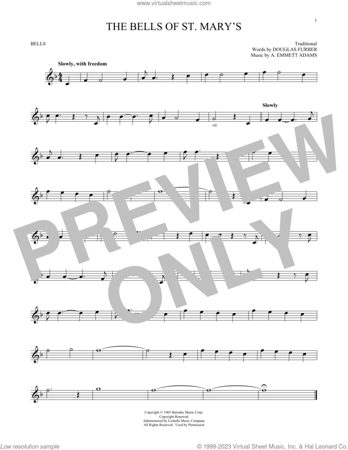 The Bells Of St. Mary's sheet music for Hand Bells Solo (bell solo) by Douglas Furber, Andy Williams, A. Emmett Adams and Miscellaneous, intermediate Hand Bells Solo (bell)
