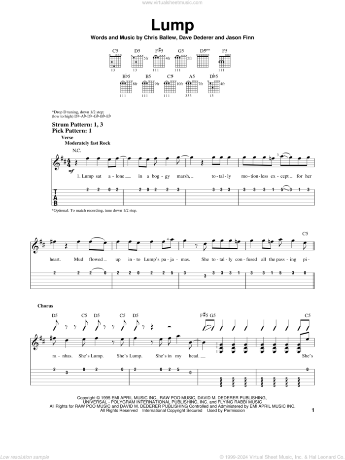 Lump sheet music for guitar solo (easy tablature) by Presidents Of The United States Of America, Chris Ballew, Dave Dederer and Jason Finn, easy guitar (easy tablature)