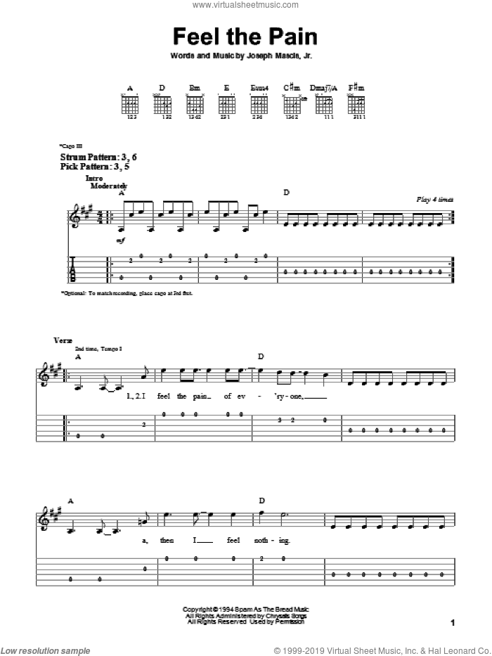 Feel The Pain sheet music for guitar solo (easy tablature) by Dinosaur Jr. and Joseph Mascis, easy guitar (easy tablature)