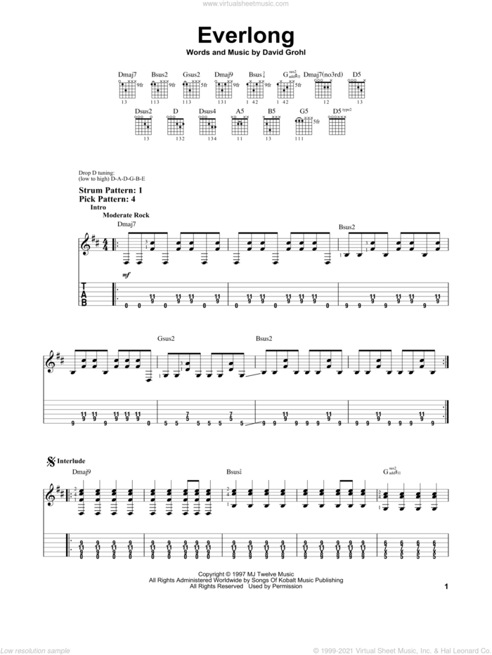 Everlong sheet music for guitar solo (easy tablature) by Foo Fighters and Dave Grohl, easy guitar (easy tablature)