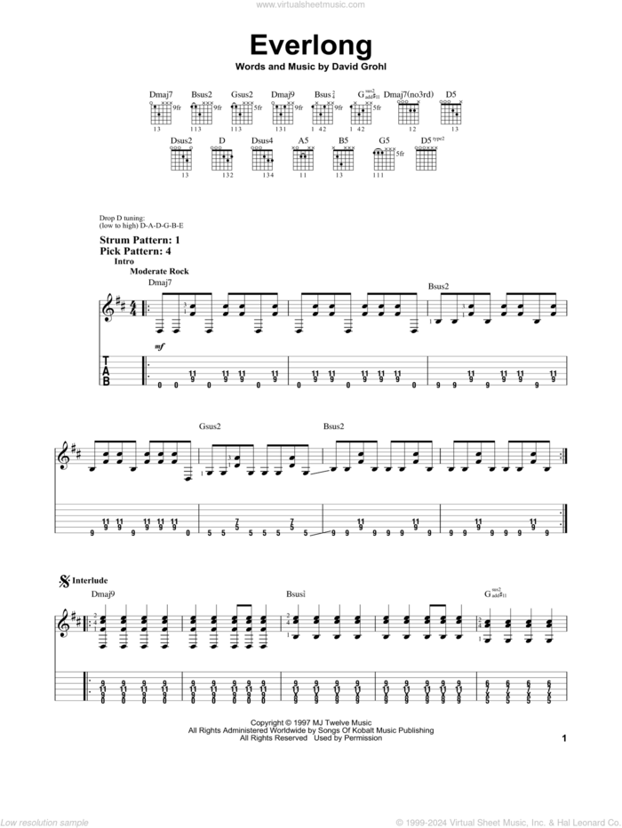 Everlong sheet music for guitar solo (easy tablature) by Foo Fighters and Dave Grohl, easy guitar (easy tablature)