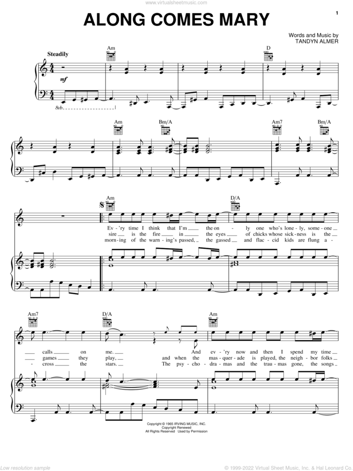 Along Comes Mary sheet music for voice, piano or guitar by The Association and Tandyn Almer, intermediate skill level