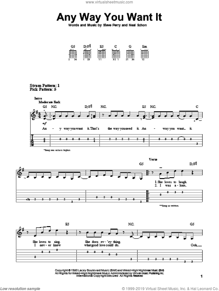 Any Way You Want It sheet music for guitar solo (easy tablature) by Journey, Neal Schon and Steve Perry, easy guitar (easy tablature)