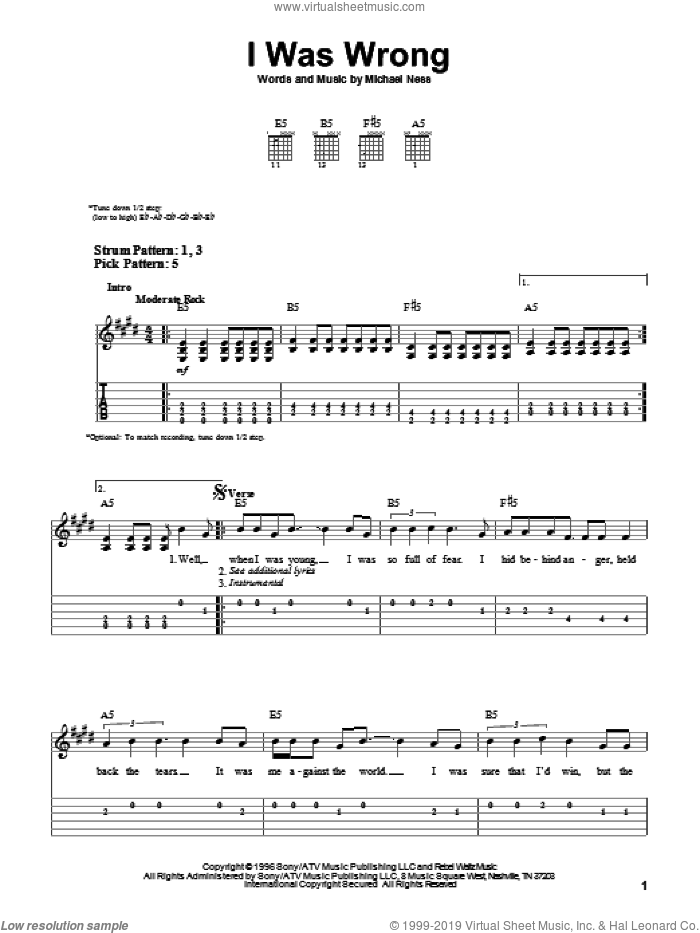 I Was Wrong sheet music for guitar solo (easy tablature) by Social Distortion and Michael Ness, easy guitar (easy tablature)
