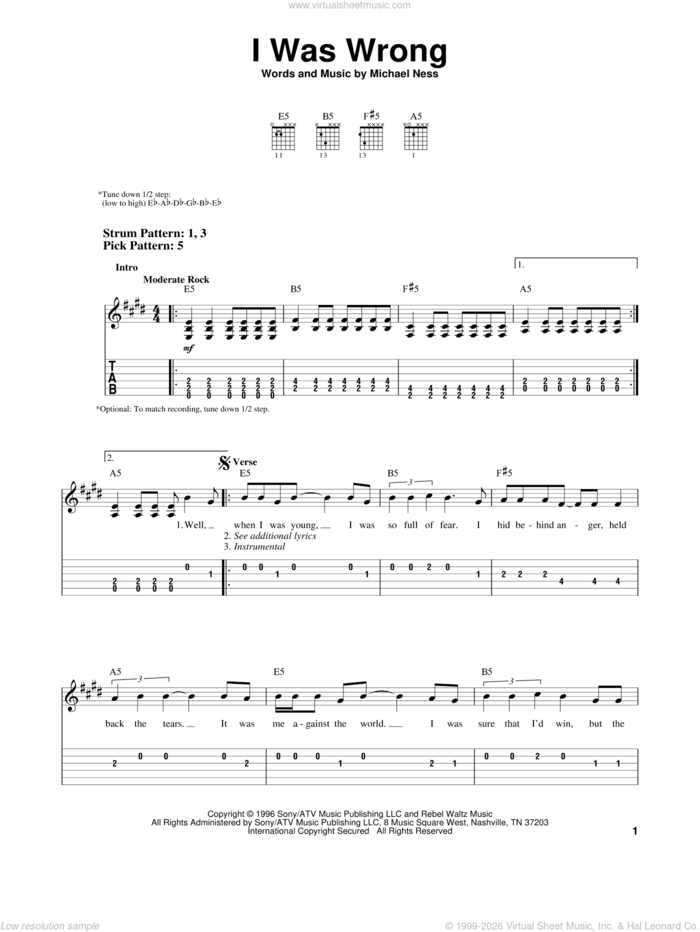 I Was Wrong sheet music for guitar solo (easy tablature) by Social Distortion and Michael Ness, easy guitar (easy tablature)