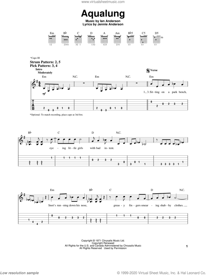 Aqualung sheet music for guitar solo (easy tablature) by Jethro Tull, Ian Anderson and Jennie Anderson, easy guitar (easy tablature)