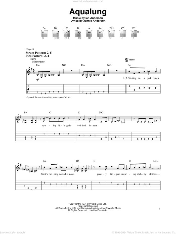 Aqualung sheet music for guitar solo (easy tablature) by Jethro Tull, Ian Anderson and Jennie Anderson, easy guitar (easy tablature)