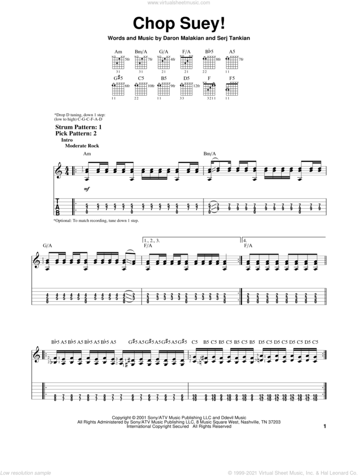 Chop Suey! sheet music for guitar solo (easy tablature) by System Of A Down, Daron Malakian and Serj Tankian, easy guitar (easy tablature)