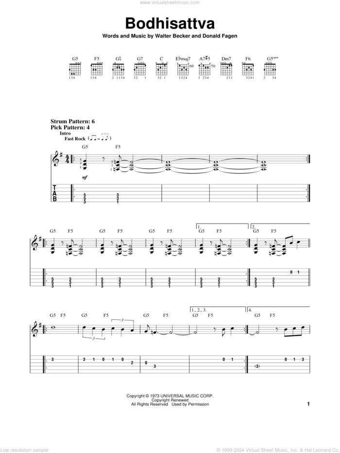 Bodhisattva sheet music for guitar solo (easy tablature) by Steely Dan, Donald Fagen and Walter Becker, easy guitar (easy tablature)