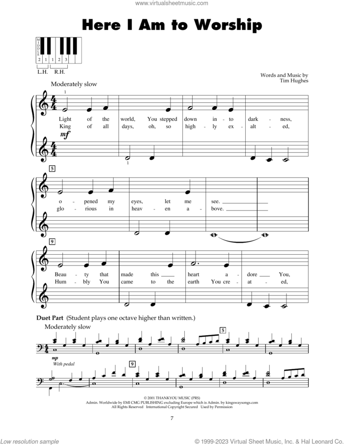 Here I Am To Worship (Light Of The World) sheet music for piano solo (5-fingers) by Tim Hughes, beginner piano (5-fingers)