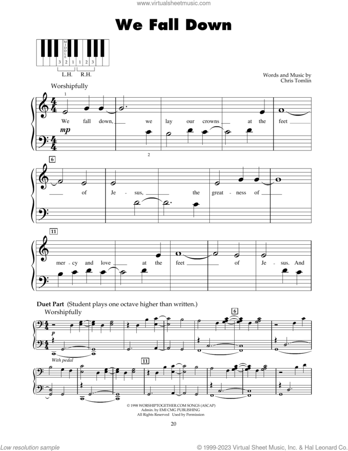 We Fall Down sheet music for piano solo (5-fingers) by Chris Tomlin, Kutless and Passion, beginner piano (5-fingers)