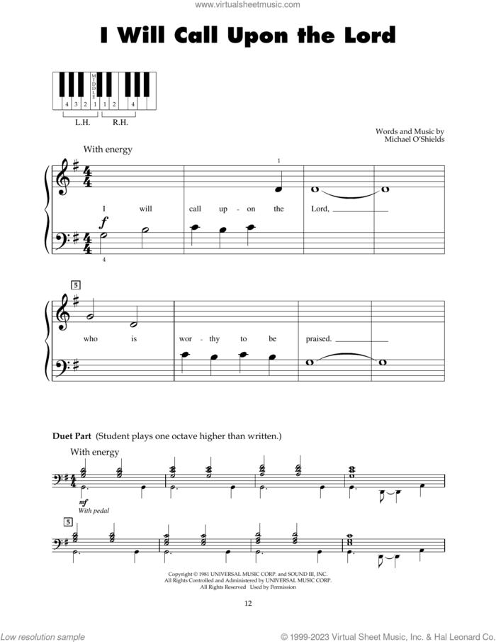 I Will Call Upon The Lord sheet music for piano solo (5-fingers) by Michael O'Shields, beginner piano (5-fingers)