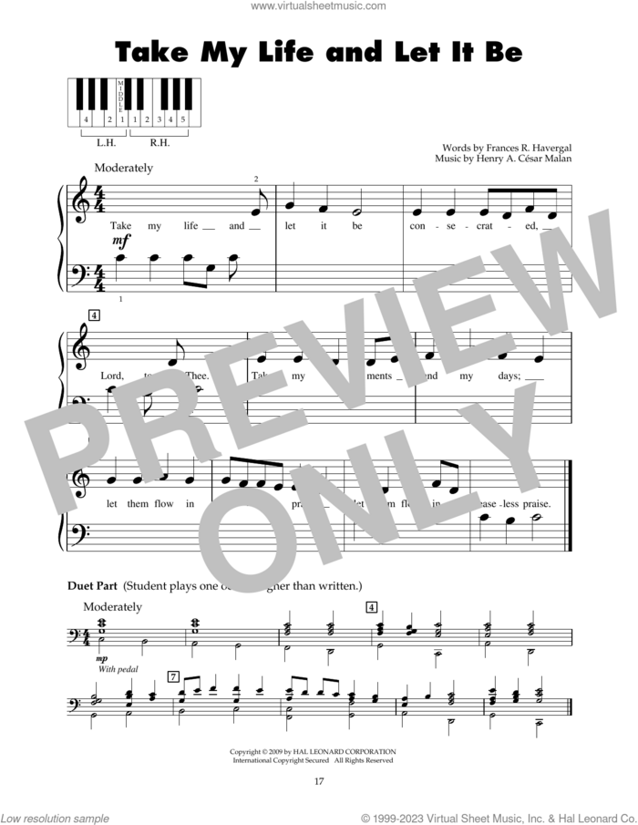 Take My Life And Let It Be sheet music for piano solo (5-fingers) by Henry A. Cesar Malan and Frances R. Havergal, beginner piano (5-fingers)