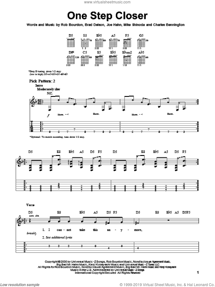 One Step Closer sheet music for guitar solo (easy tablature) by Linkin Park, Brad Delson, Charles Bennington, Joe Hahn, Mike Shinoda and Rob Bourdon, easy guitar (easy tablature)