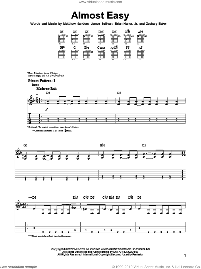 Almost Easy sheet music for guitar solo (easy tablature) by Avenged Sevenfold, Brian Haner, Jr., James Sullivan, Matthew Sanders and Zachary Baker, easy guitar (easy tablature)